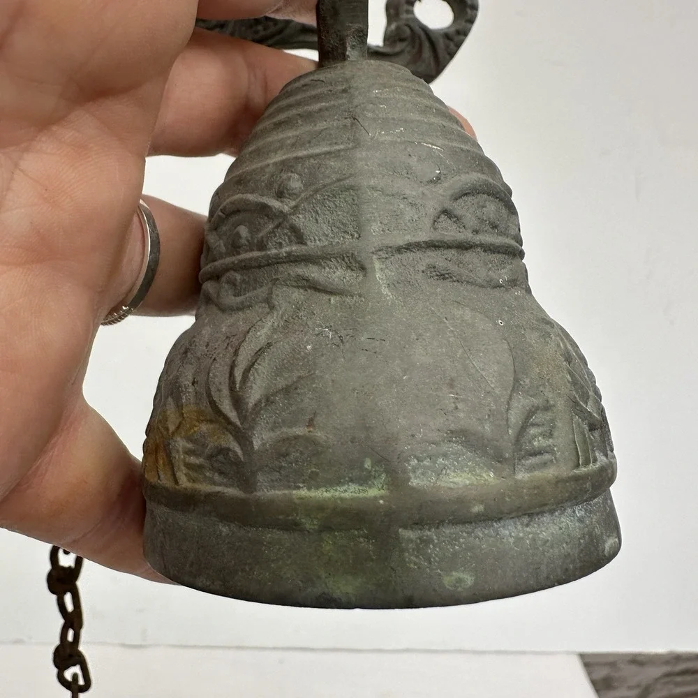 Vintage Brass Wall-Mounted Door Monastery Bell W/ Chain & Pull Handle Patina